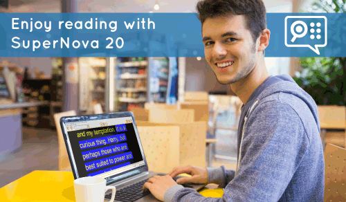 Enjoy reading with SuperNova 20; happy, male student sat reading with EasyReader on laptop in canteen.
